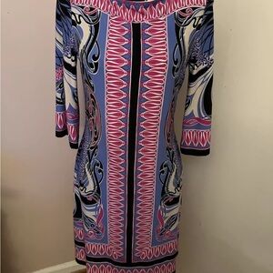 Donna Morgan Dress Womens 8 Blue Purple Pink Shift Stretchy Cruise Wear Batik